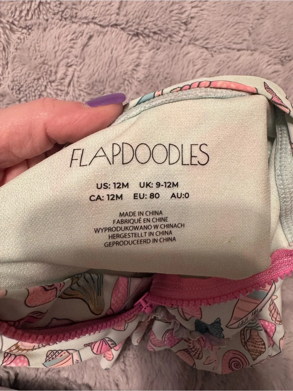 Flapdoodles Pastel Seashell Print Long-Sleeve One-Piece with Pink Bow and Hat